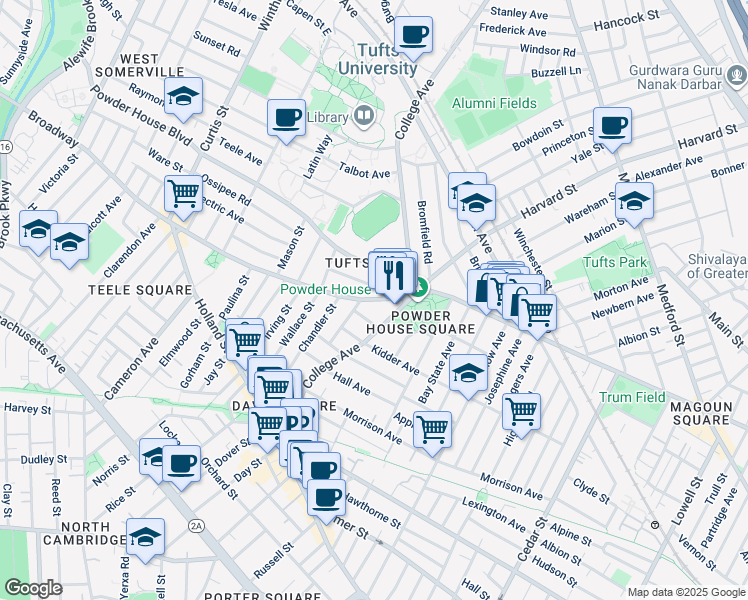map of restaurants, bars, coffee shops, grocery stores, and more near 126 College Avenue in Somerville