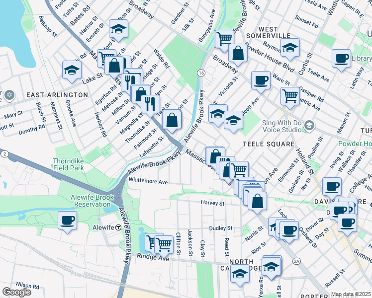 map of restaurants, bars, coffee shops, grocery stores, and more near 25 Columbus Avenue in Cambridge