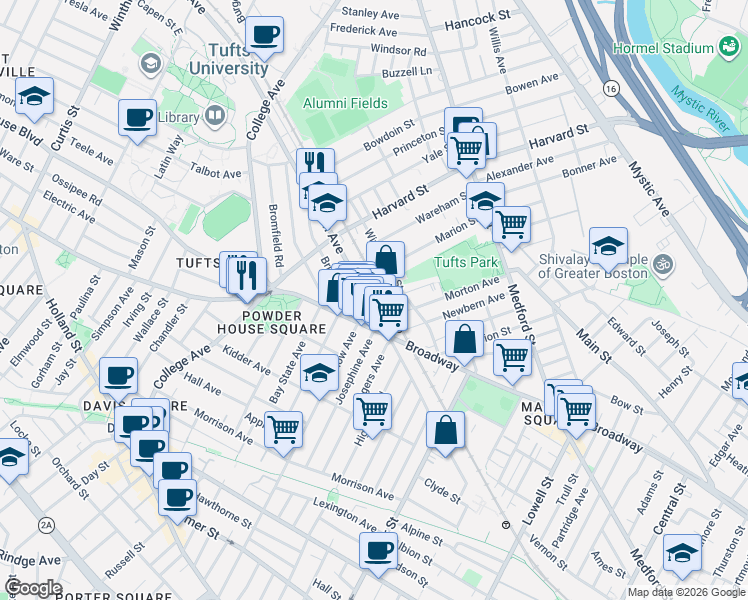 map of restaurants, bars, coffee shops, grocery stores, and more near 640 Boston Avenue in Medford