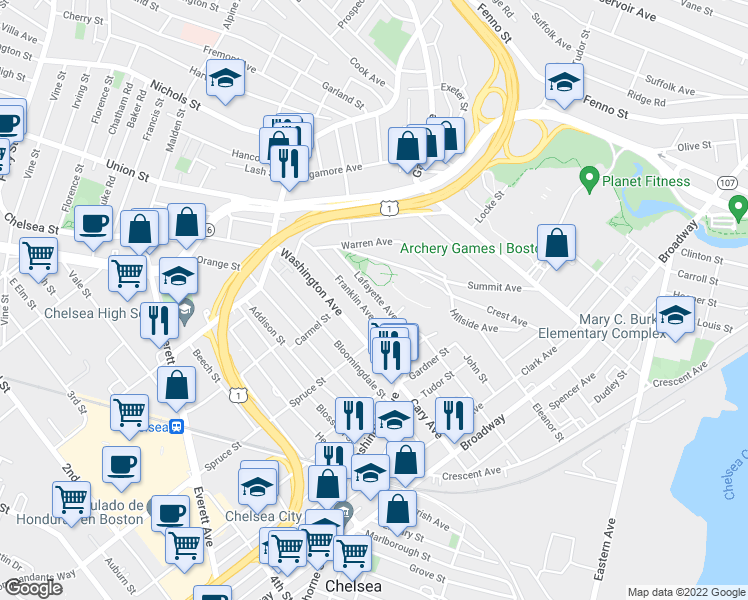 map of restaurants, bars, coffee shops, grocery stores, and more near 44 Lafayette Avenue in Chelsea