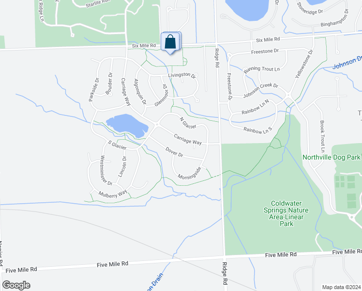 map of restaurants, bars, coffee shops, grocery stores, and more near 16872 Dover Drive in Northville