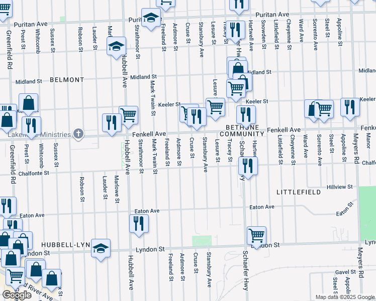 map of restaurants, bars, coffee shops, grocery stores, and more near 15046 Ardmore Street in Detroit
