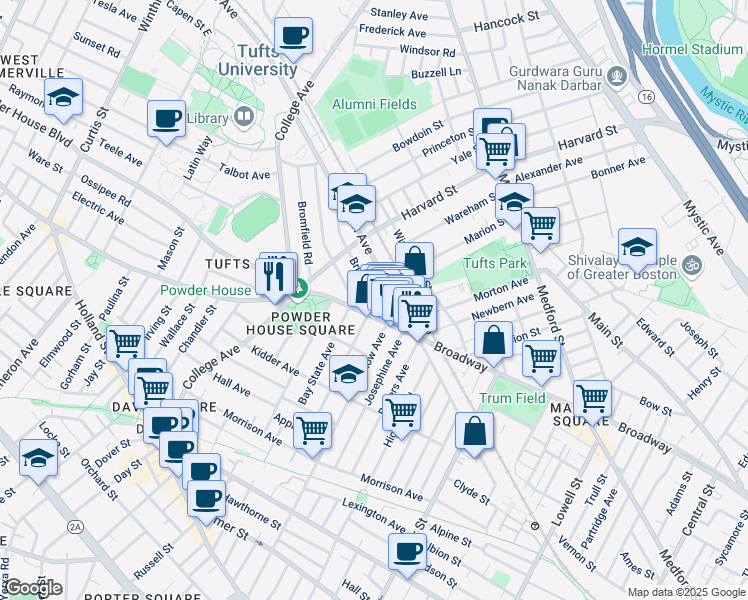 map of restaurants, bars, coffee shops, grocery stores, and more near 739 Broadway in Somerville