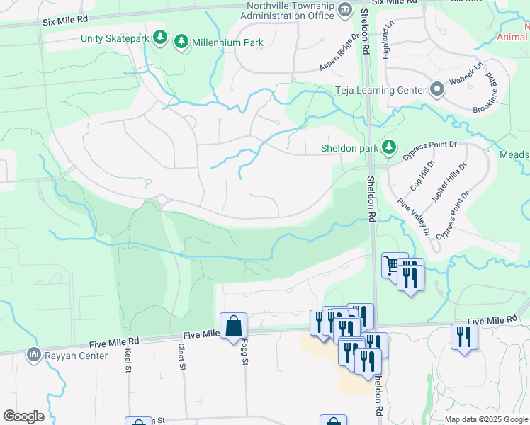 map of restaurants, bars, coffee shops, grocery stores, and more near 45597 Tournament Drive in Northville