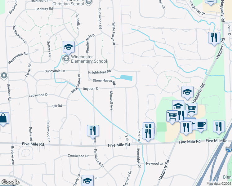 map of restaurants, bars, coffee shops, grocery stores, and more near 15925 Fry Street in Plymouth