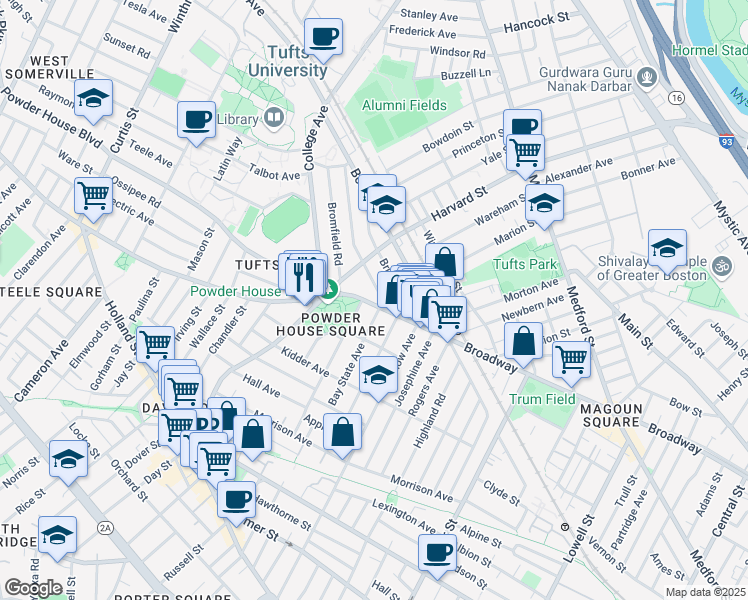 map of restaurants, bars, coffee shops, grocery stores, and more near 763 Broadway in Somerville