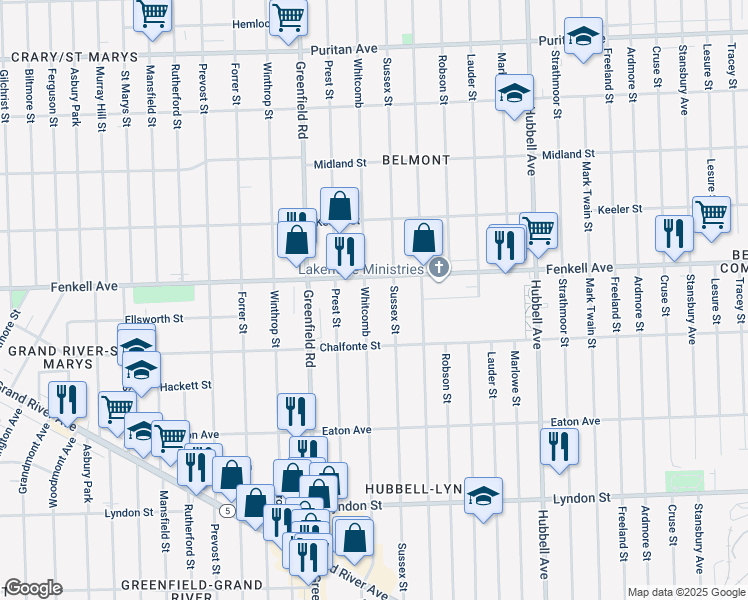 map of restaurants, bars, coffee shops, grocery stores, and more near 15074 Whitcomb in Detroit