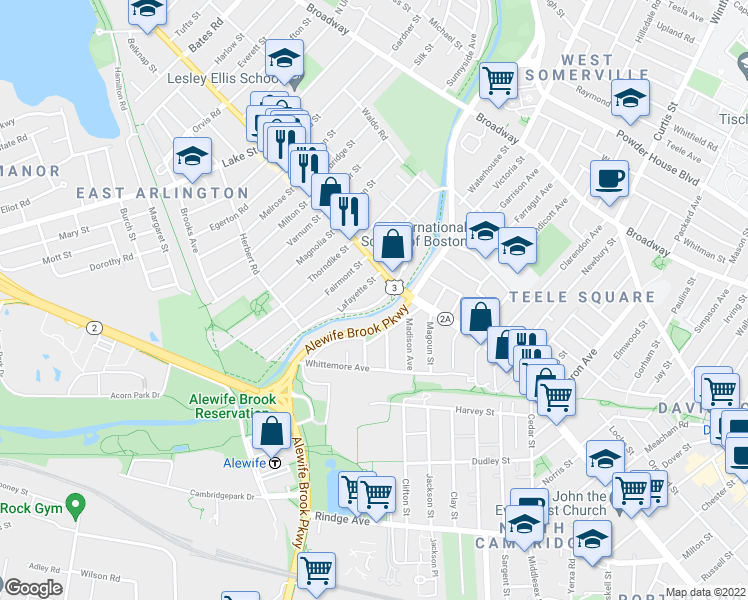 map of restaurants, bars, coffee shops, grocery stores, and more near 21 Boulevard Road in Arlington