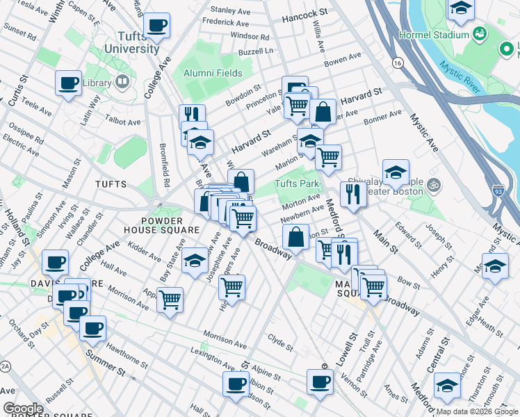 map of restaurants, bars, coffee shops, grocery stores, and more near in Medford