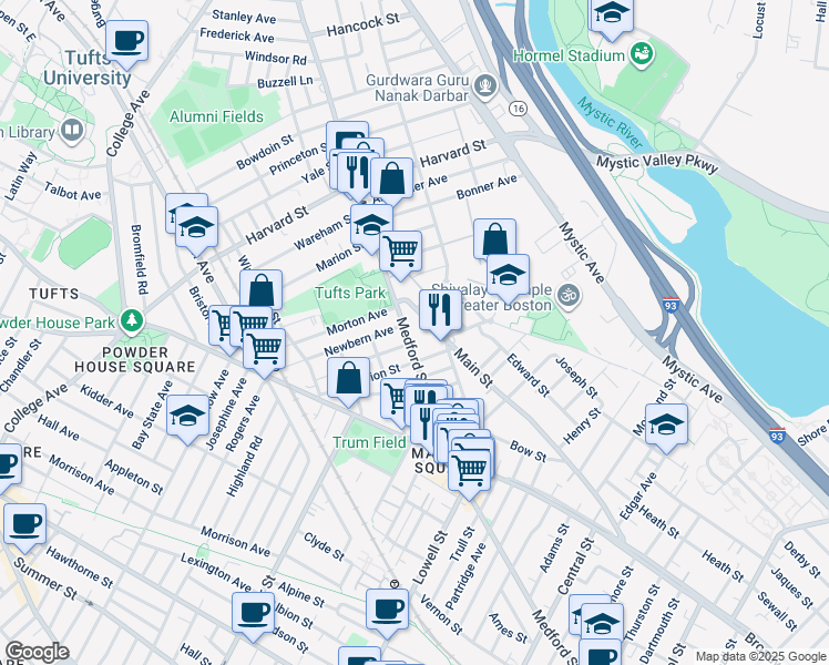 map of restaurants, bars, coffee shops, grocery stores, and more near 1 Clayton Avenue in Medford