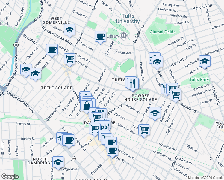 map of restaurants, bars, coffee shops, grocery stores, and more near 95 Wallace Street in Somerville