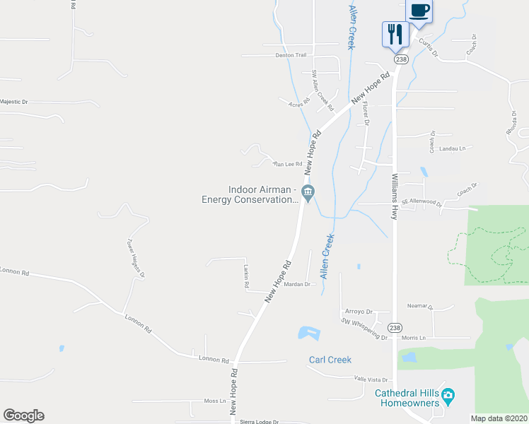 map of restaurants, bars, coffee shops, grocery stores, and more near 2990 New Hope Road in Grants Pass