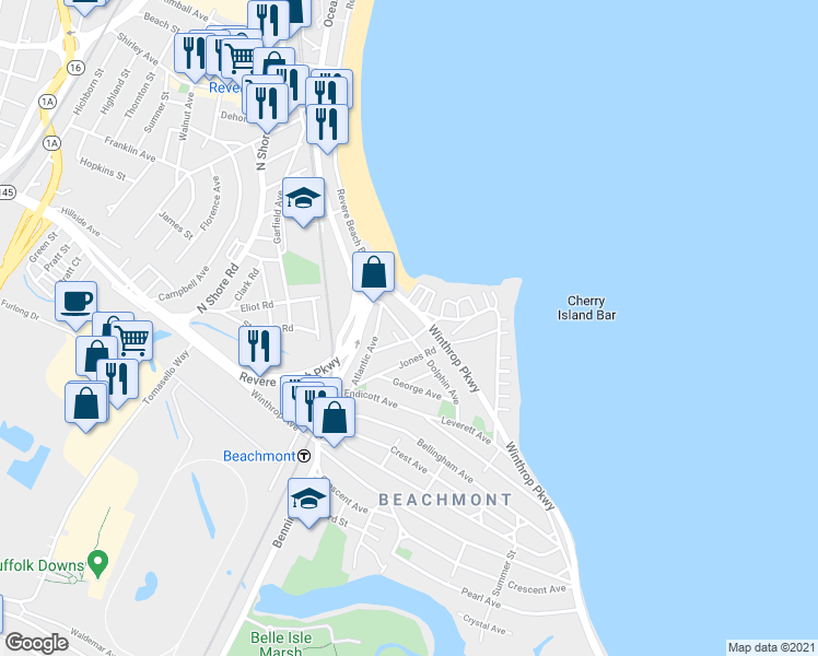 map of restaurants, bars, coffee shops, grocery stores, and more near 26 Wave Avenue in Revere