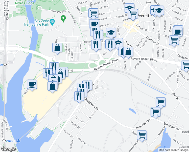 map of restaurants, bars, coffee shops, grocery stores, and more near 1 Bowdoin Street in Everett