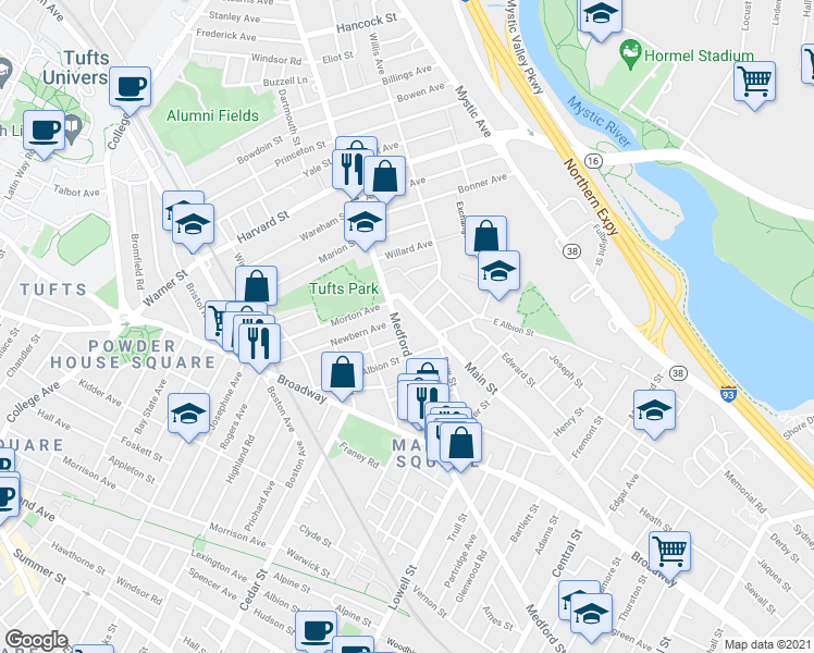 map of restaurants, bars, coffee shops, grocery stores, and more near 1 Clayton Avenue in Medford