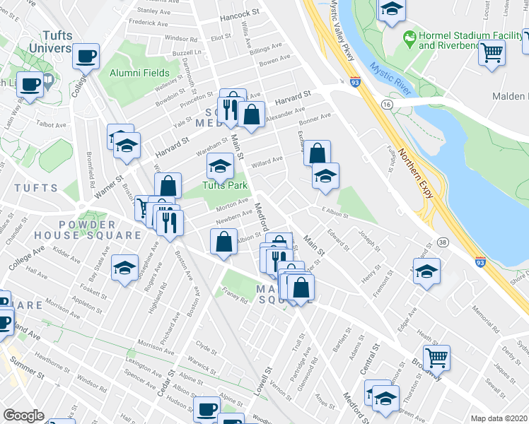 map of restaurants, bars, coffee shops, grocery stores, and more near 1 Clayton Avenue in Medford