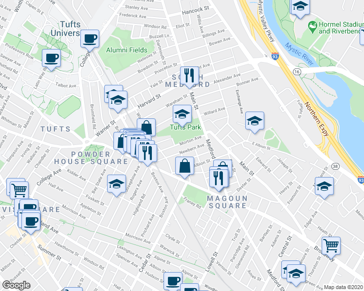 map of restaurants, bars, coffee shops, grocery stores, and more near 55 Newbern Avenue in Medford