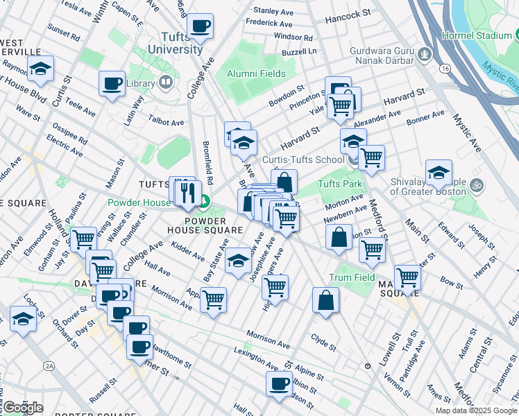 map of restaurants, bars, coffee shops, grocery stores, and more near 739 Broadway in Somerville