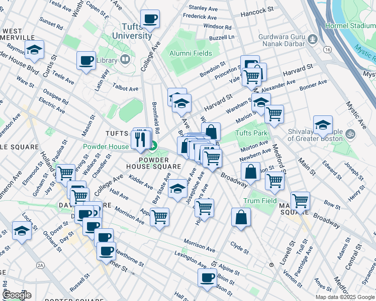 map of restaurants, bars, coffee shops, grocery stores, and more near 739 Broadway in Somerville