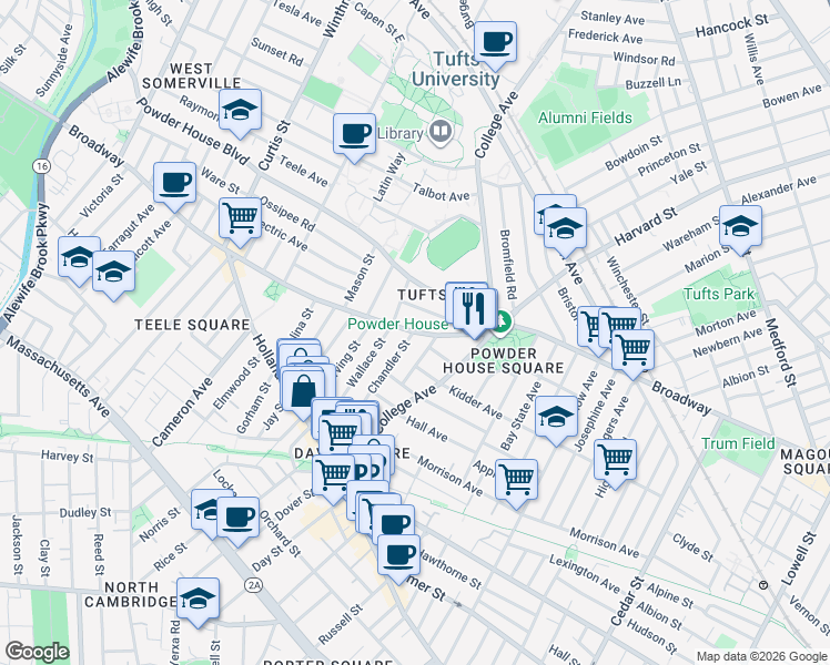 map of restaurants, bars, coffee shops, grocery stores, and more near 28 Billingham Street in Somerville