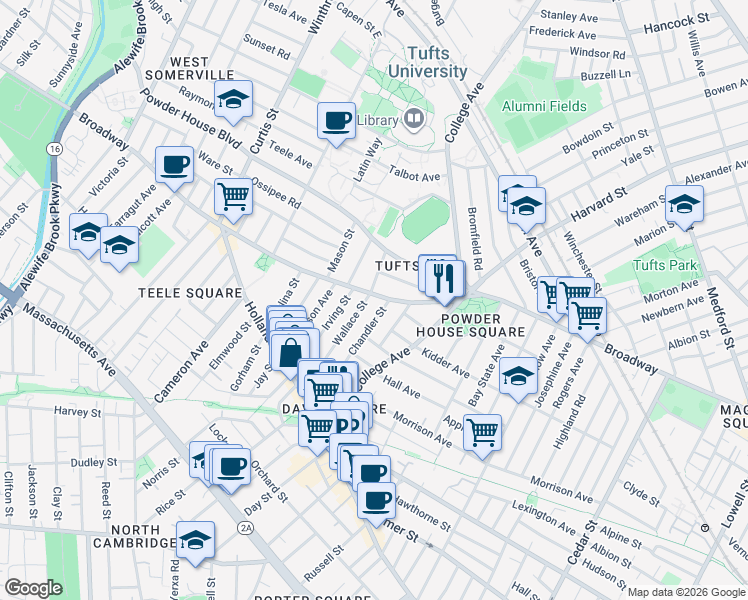 map of restaurants, bars, coffee shops, grocery stores, and more near 95 Wallace Street in Somerville