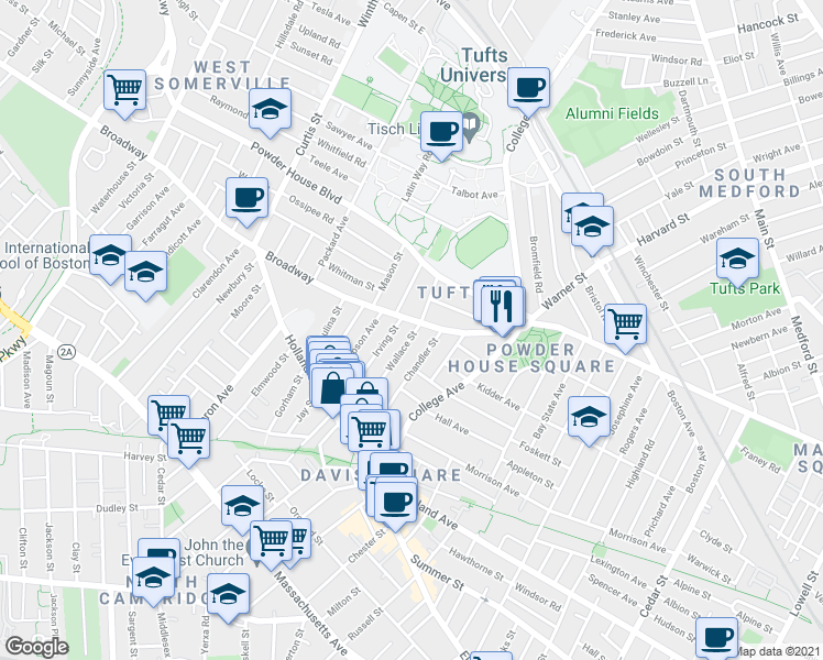 map of restaurants, bars, coffee shops, grocery stores, and more near 95 Wallace Street in Somerville