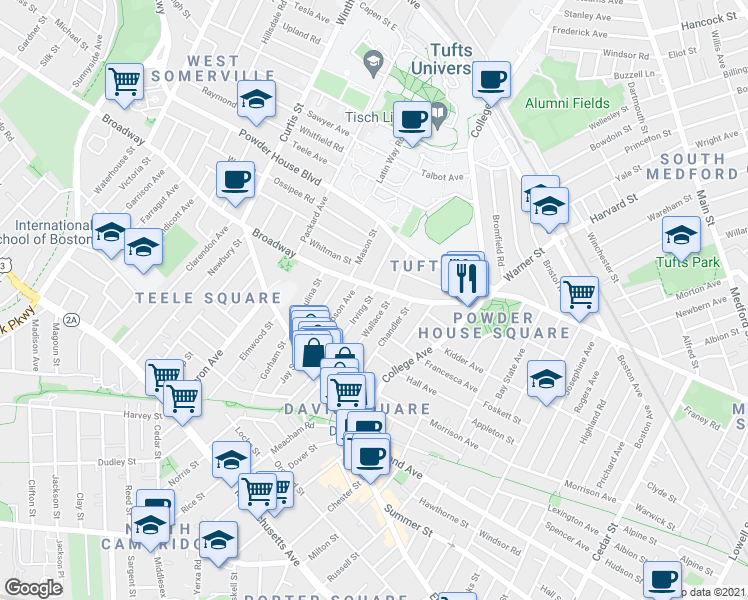 map of restaurants, bars, coffee shops, grocery stores, and more near 95 Wallace Street in Somerville