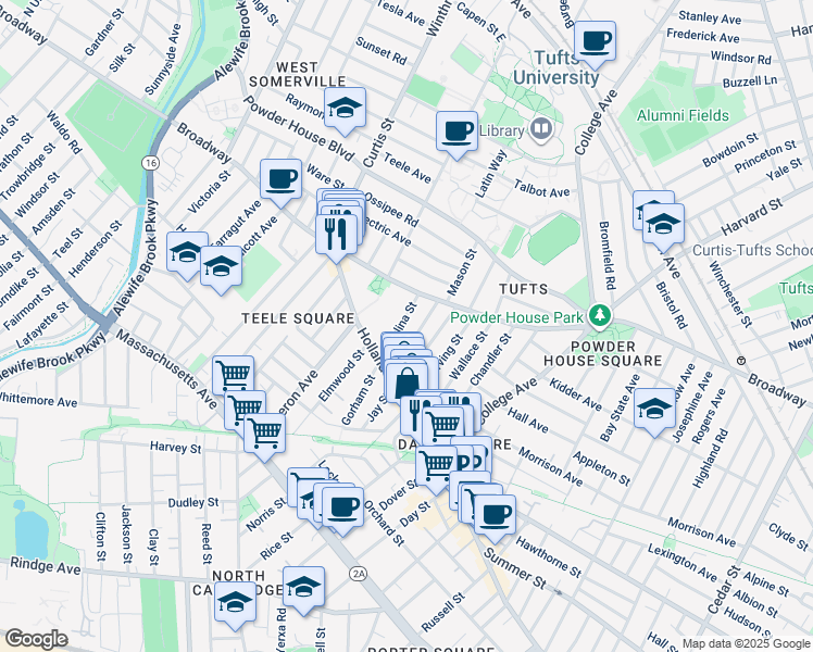 map of restaurants, bars, coffee shops, grocery stores, and more near 41 Corinthian Road in Somerville