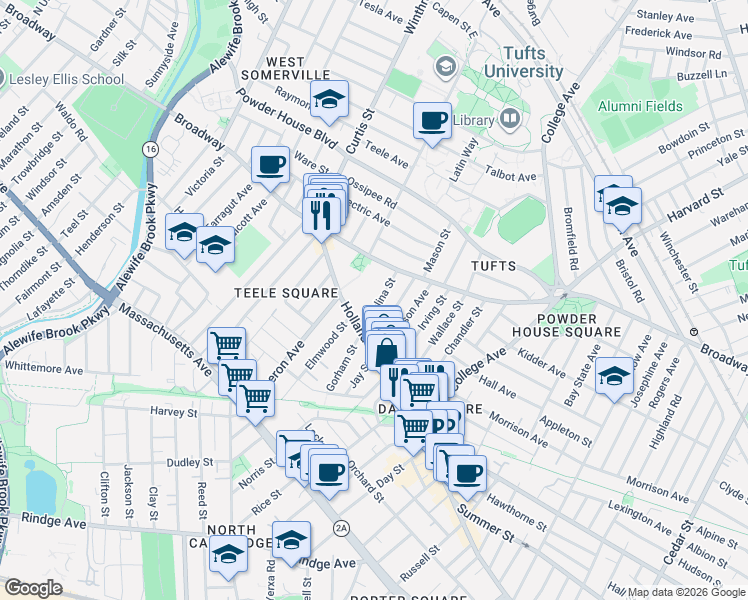 map of restaurants, bars, coffee shops, grocery stores, and more near 41 Corinthian Road in Somerville