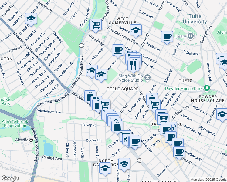 map of restaurants, bars, coffee shops, grocery stores, and more near 82 Newbury Street in Somerville