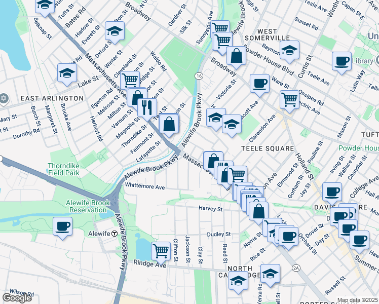 map of restaurants, bars, coffee shops, grocery stores, and more near 2571 Massachusetts Avenue in Cambridge
