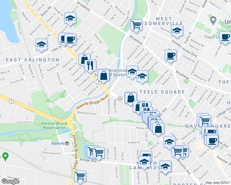 map of restaurants, bars, coffee shops, grocery stores, and more near 2571 Massachusetts Avenue in Cambridge