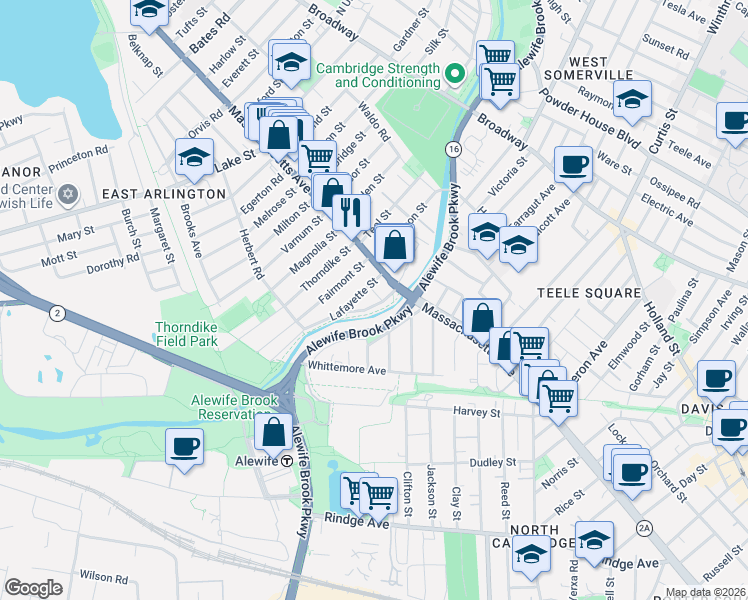 map of restaurants, bars, coffee shops, grocery stores, and more near 21 Boulevard Road in Arlington