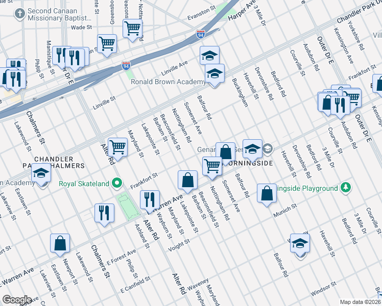 map of restaurants, bars, coffee shops, grocery stores, and more near 5107 Nottingham Road in Detroit
