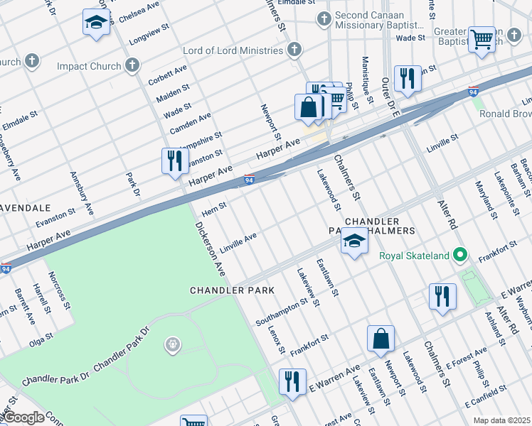 map of restaurants, bars, coffee shops, grocery stores, and more near 5903 Lakeview Street in Detroit