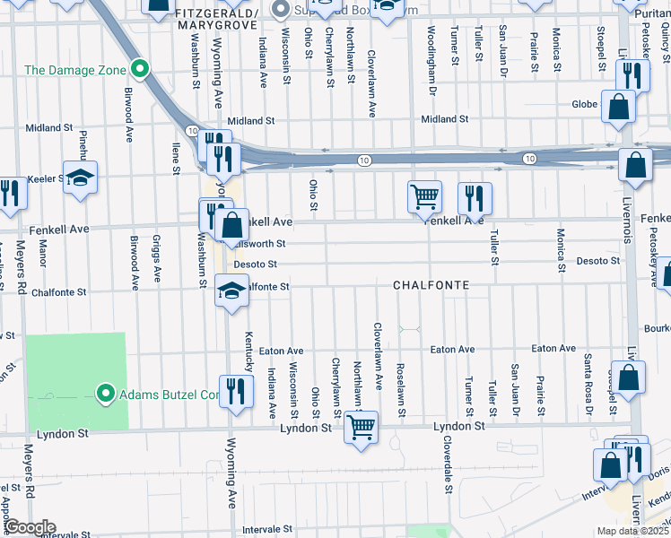map of restaurants, bars, coffee shops, grocery stores, and more near 8438 Chalfonte Street in Detroit