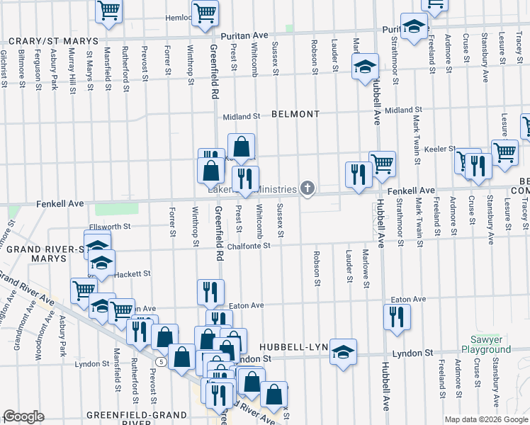 map of restaurants, bars, coffee shops, grocery stores, and more near 15074 Whitcomb in Detroit