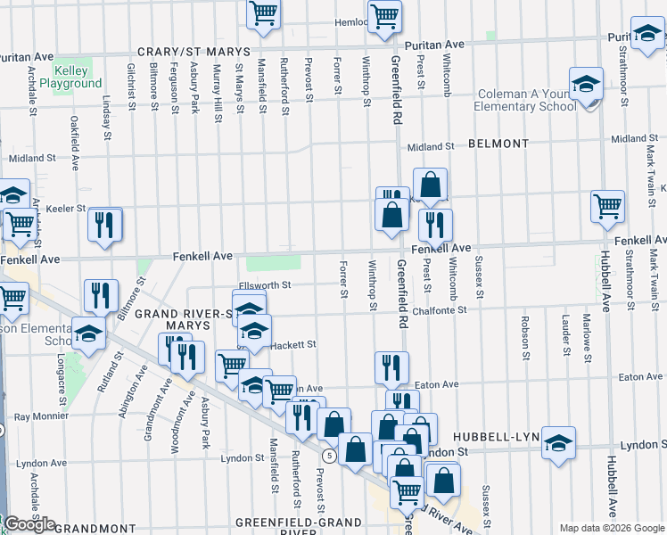 map of restaurants, bars, coffee shops, grocery stores, and more near 15209 Forrer Street in Detroit
