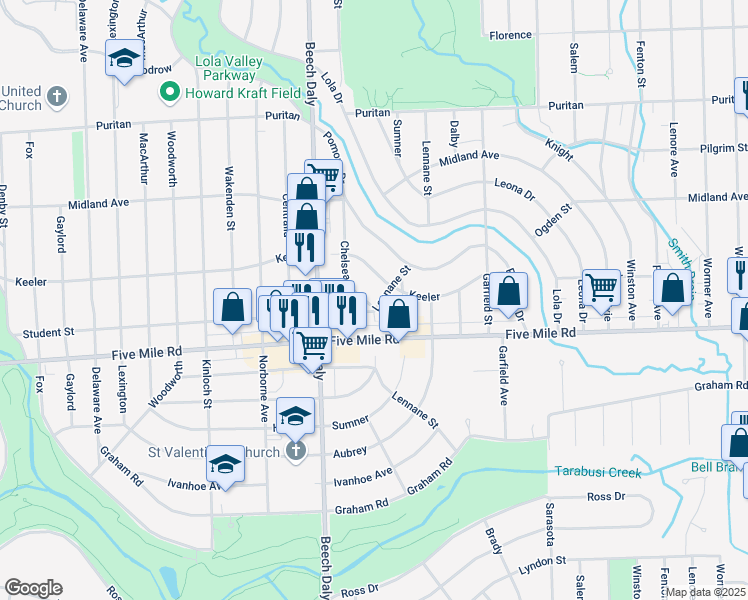 map of restaurants, bars, coffee shops, grocery stores, and more near 15350 Lennane in Redford Charter Township