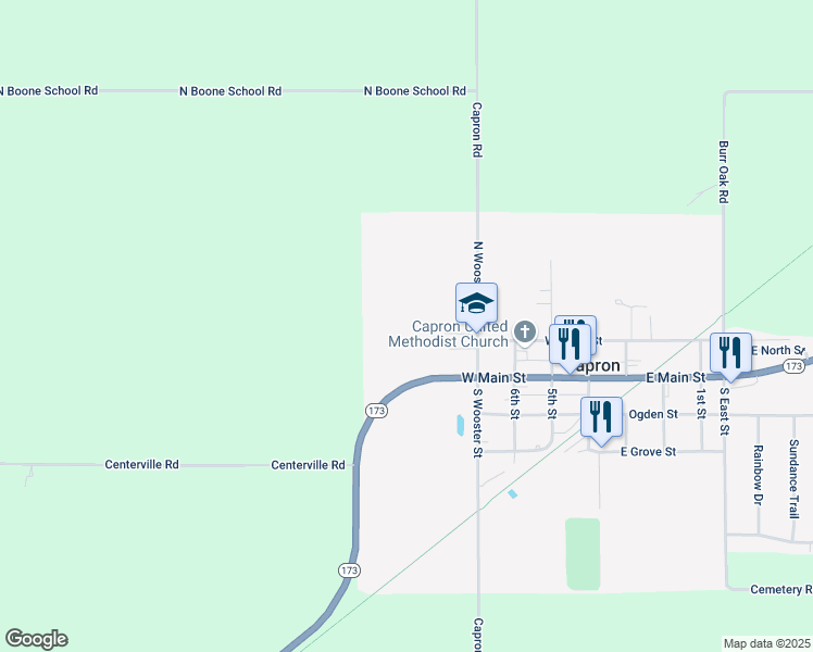 map of restaurants, bars, coffee shops, grocery stores, and more near 200 North Wooster Street in Capron