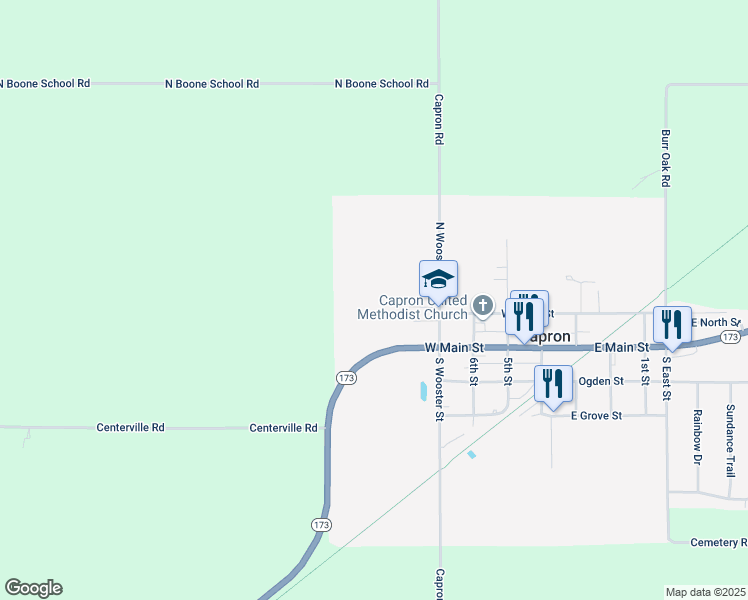map of restaurants, bars, coffee shops, grocery stores, and more near 200 North Wooster Street in Capron