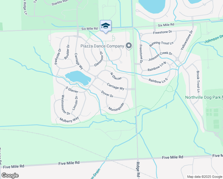 map of restaurants, bars, coffee shops, grocery stores, and more near 15947 Morningside in Northville