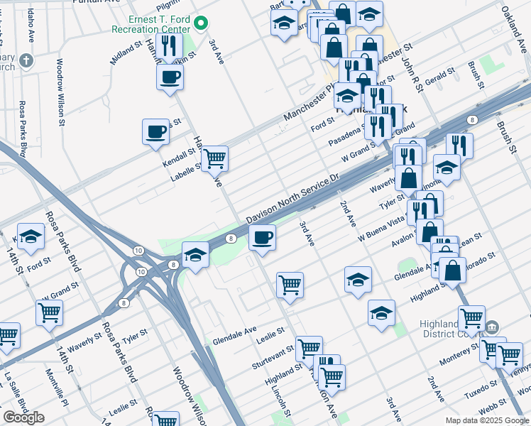 map of restaurants, bars, coffee shops, grocery stores, and more near 226 Davison North Service Drive in Highland Park
