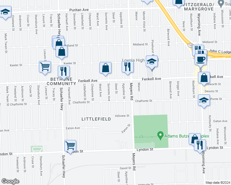 map of restaurants, bars, coffee shops, grocery stores, and more near 15061 Steel Street in Detroit