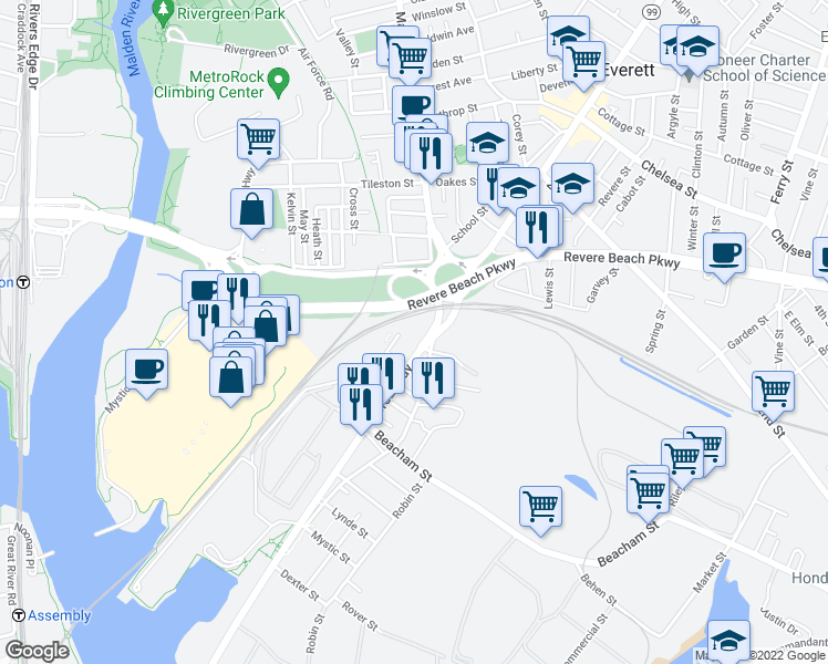 map of restaurants, bars, coffee shops, grocery stores, and more near 1 Bowdoin Street in Everett