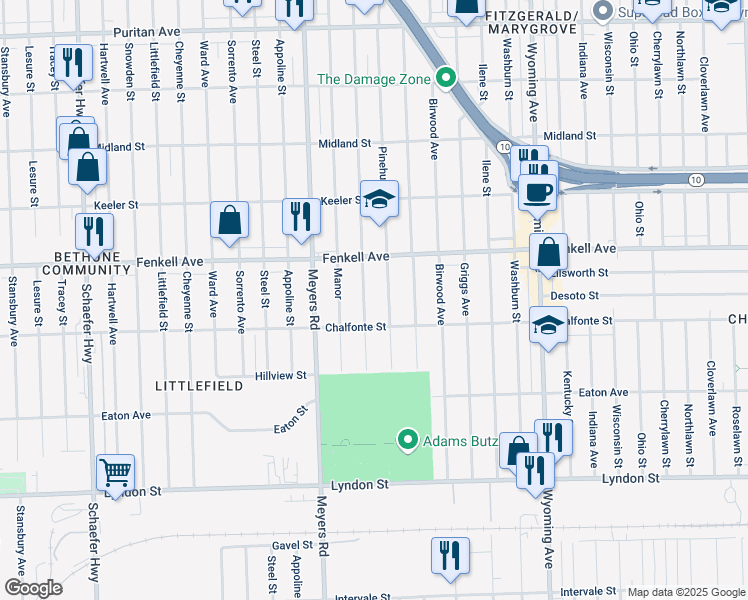 map of restaurants, bars, coffee shops, grocery stores, and more near 15019 Monte Vista Street in Detroit