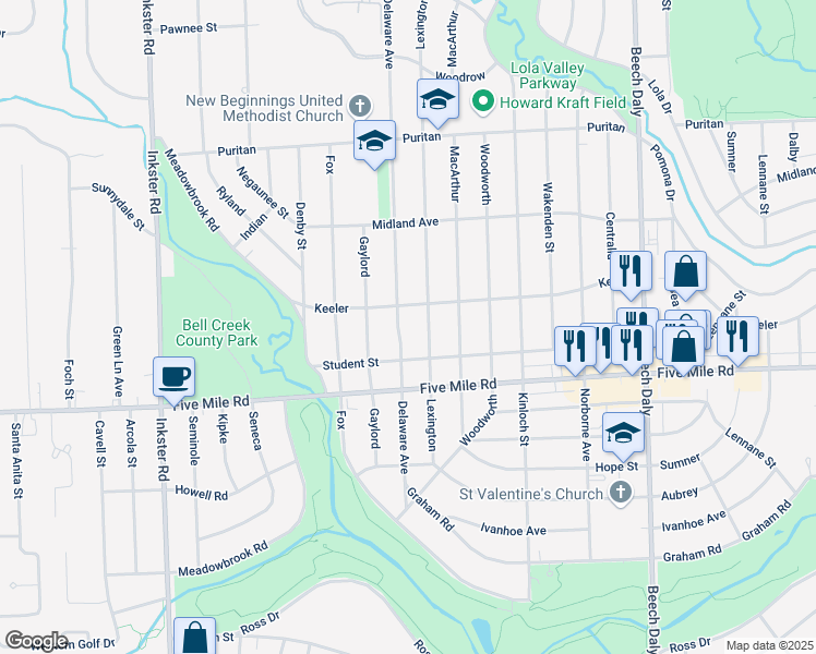 map of restaurants, bars, coffee shops, grocery stores, and more near 15420 Delaware Avenue in Redford Charter Township