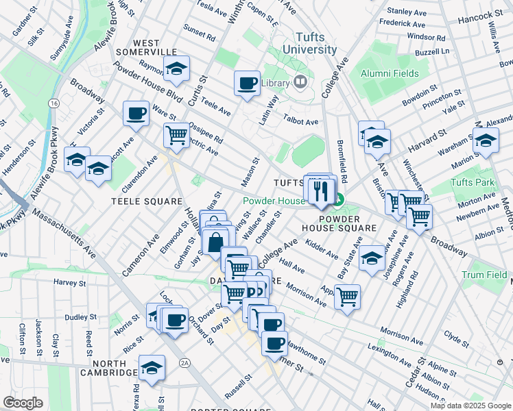 map of restaurants, bars, coffee shops, grocery stores, and more near 87 Irving Street in Somerville