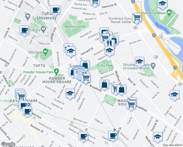 map of restaurants, bars, coffee shops, grocery stores, and more near 66 Winchester Street in Medford
