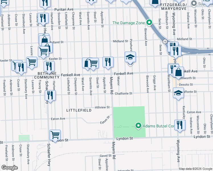 map of restaurants, bars, coffee shops, grocery stores, and more near 15033 Appoline Street in Detroit